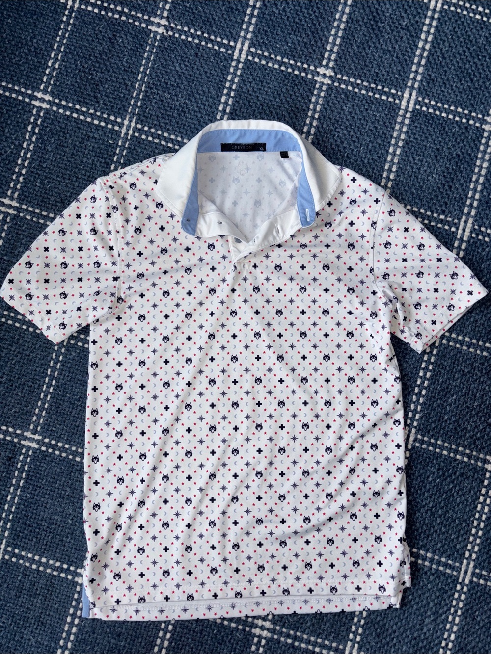 Boys Greyson White Polo with Navy and Red Star Pattern